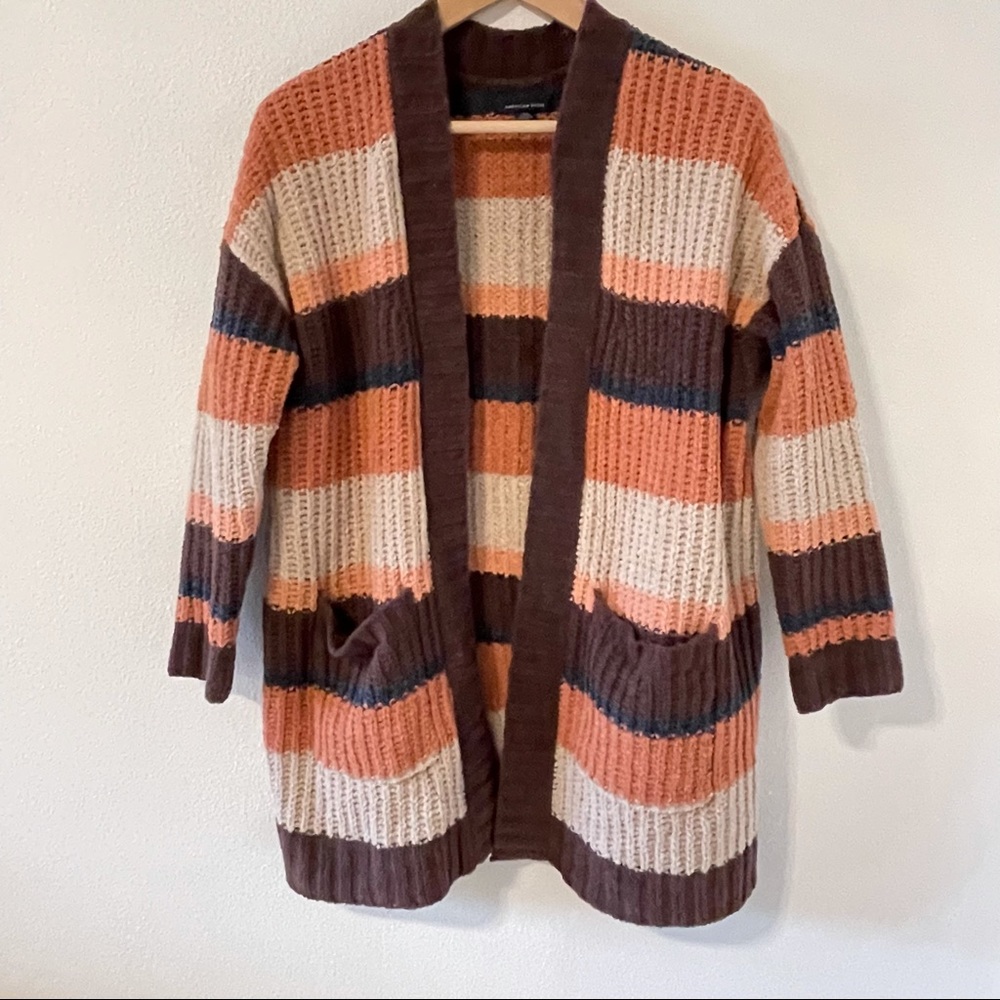 American Eagle Chenille Stripe Brown Orange Cream Longline Duster Cardigan-XS